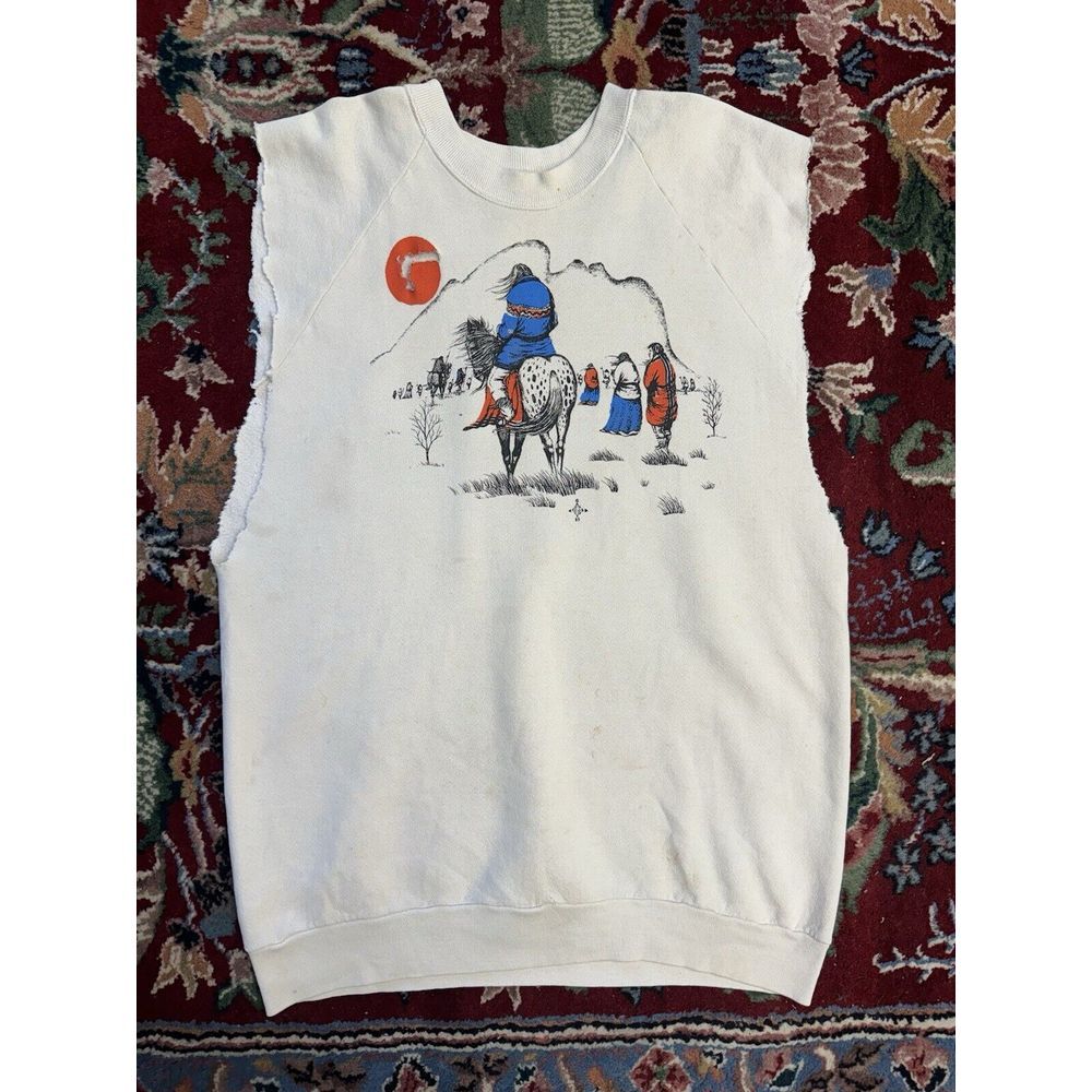 Vintage Native American 80s Cutoff Sweatshirt Crewneck M-L Raglan Horse Nature
